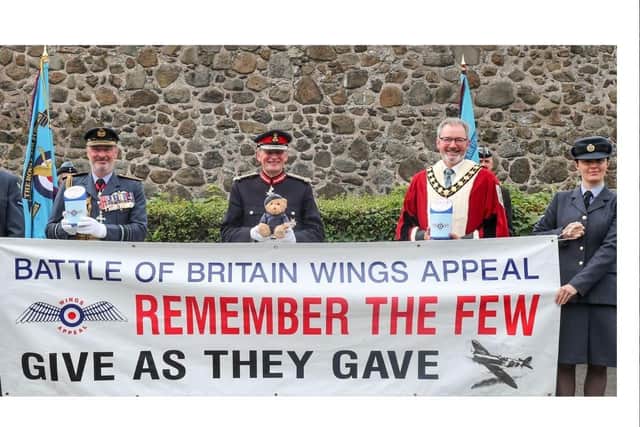 Helping to launch the Wings Appeal in Carrickfergus are Air Marshal Sean Reynolds, the Lord Lieutenant, Mr David McCorkill and the Mayor, Cllr William McCaughey