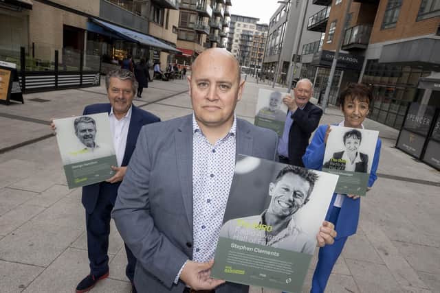 Gavin Clements (front centre) receives the 2021 IMRO Radio Awards Hall of Fame given posthumously to his late brother Stephen at a ceremony in Dublin on September 15, alongside other recipients George Hamilton, Declan Meehan and Patricia Messenger.