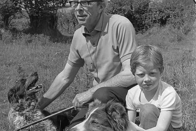 One man, his dogs and his â€œshadowâ€, J W L McKee, his grandson David and Collies Maid and Don at Mr McKee 300-year-old home at Scarva, Co Down in August 1981. Picture: Bob Hamilton/News Letter archives