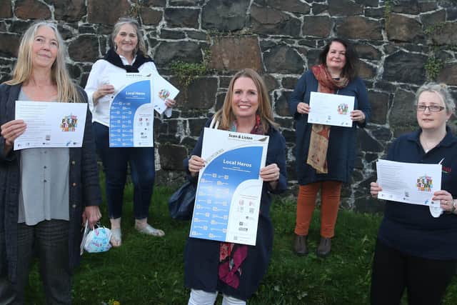 Pictured in Ballycastle during the Poetry Town event are Poet Laureate Kate Newmann, Maria McManus (Poetry Ireland), Shorna Meggit (Heather Newcombe’s daughter), Desima Connolly (Causeway Coast and Glens Borough Council) and Kerry Ann Newcombe (Ballycastle Writers’ Group)