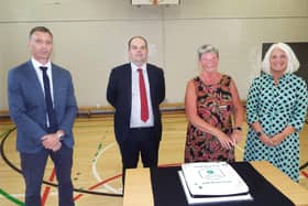 Chairman of the Board of Governors, Mr Ian McConnell, current Principal Mr Ian Matthews, former Principal Mrs Amanda McCullough and Vice Principal Mrs Ruth Chalmers join staff and governors to mark the anniversary of the school’s opening