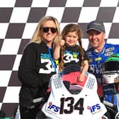 Alastair Seeley with his fiancee Danielle and daughter Olivia-Grace at Bishopscourt in Co Down on Saturday, where he won both Superbike and Supersport races to wrap up an Ulster championship double.
