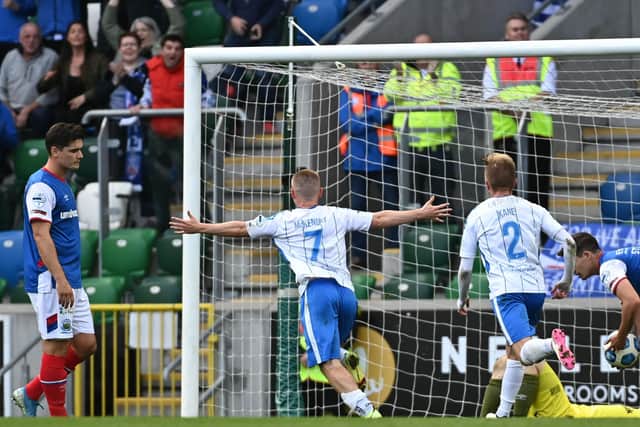 Conor McKendry celebrates his Coleraine equaliser against Linfield. Pic by Pacemaker.