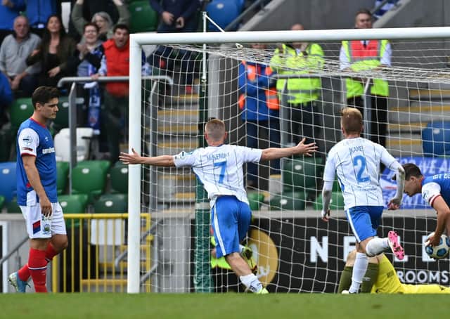 Conor McKendry celebrates his Coleraine equaliser against Linfield. Pic by Pacemaker.