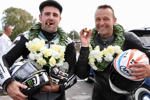 Michael Dunlop and Steve Plater had plenty of fun at the Goodwood Revival motorsport festival where they won the Barry Sheene Memorial Trophy.