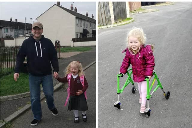 Left: Glen Rogers, who will be taking on a charity skydive for Ataxia UK this weekend, pictured with daughter Violet.  Right: The condition means Violet (4) sometimes requires the use of a walking frame.