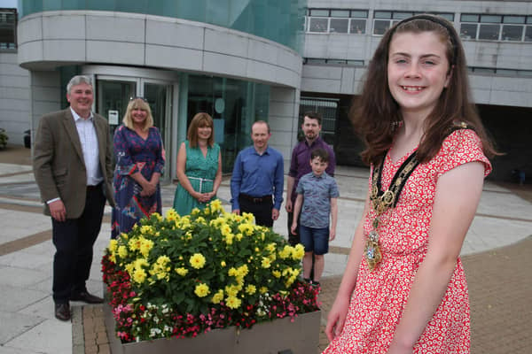 Winner of the Spirit of Northern Ireland Youth Award, Aine Hamill pictured at the recent reception in Cloonavin with Mayor of Causeway Coast and Glens Borough Council, Councillor Richard Holmes, Councillor Angela Mulholland and family members