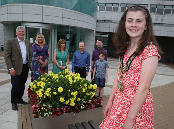 Winner of the Spirit of Northern Ireland Youth Award, Aine Hamill pictured at the recent reception in Cloonavin with Mayor of Causeway Coast and Glens Borough Council, Councillor Richard Holmes, Councillor Angela Mulholland and family members