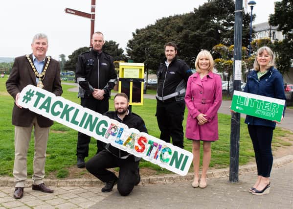 From left: CCG Lord Mayor, Councillor Richard Holmes, WISE Enforcement Officers Mark Reilly, Graham Perry, Gary Cooper, Christine Chambers from Keep NI Beautiful, & Janice Dunlop  (Causeway Coast & Glens)at Ballycastle Seafront promoting Cigarette Ballot Bin