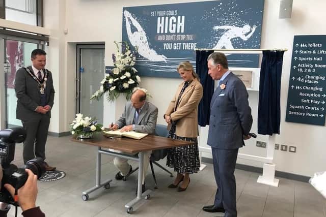 Prince Edward, Earl of Wessex with his wife Sophie, the Countess of Wessex at the official opening of Armagh, Banbridge and Craigavon's South Lakes Leisure Centre.