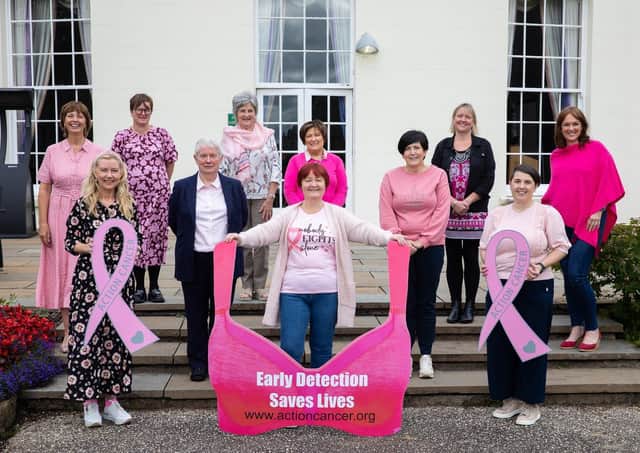 Pictured at the launch of Breast Cancer Awareness Month (BCAM) are Action Cancer Ambassadors. These women had their breast cancer detected on board the Big Bus or at Action Cancer House. Front and centre: Deborah Hyndman (North Belfast) Second row: Andrea Quinn (Banbridge), Margaret McKenna (Glengormley), Bridie Treanor pictured in centre (Rosslea), Ursula McFarland (Ederney), Nicola Bell (Bangor) Back row: Mary Toland (Holywood), Martine Gilmour (Muckamore), Margaret Snodden (Lisburn), Elaine Loughlin (Poyntzpass), Adele Kennedy (Coleraine)