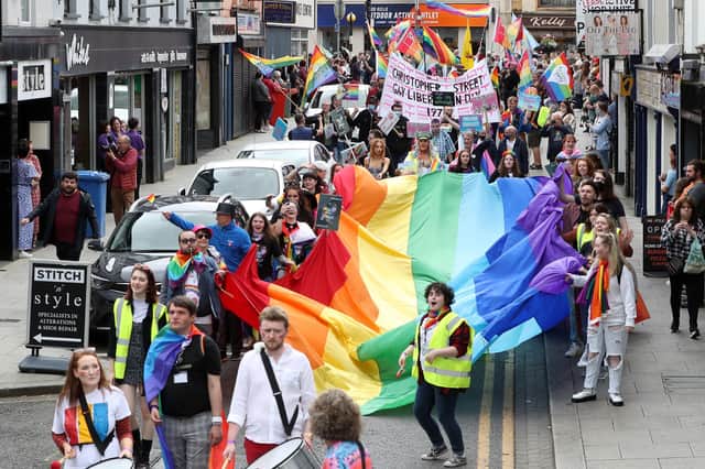 Omagh hosted its first ever Pride event on Saturday as a march took place through the town centre followed by live entertainment.