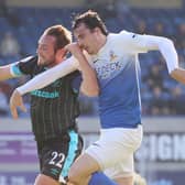 Linfield's Jamie Mulgrew (left) battling in Lurgan with Danny Wallace of Glenavon. Pic by Pacemaker.