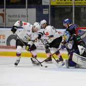 Slater Doggett and Jordan Boucher in action for Belfast Giants against Fife Flyers at the Fife Ice Arena in Kirkcaldy. Both Doggett and Boucher scored their first goals in teal, contributing to a 5-1 win over Fife Flyers at the Fife Ice Arena in Kirkcaldy the Giants’ second away win of the weekend.. Picture credit: Fife Flyers Images/EIHL