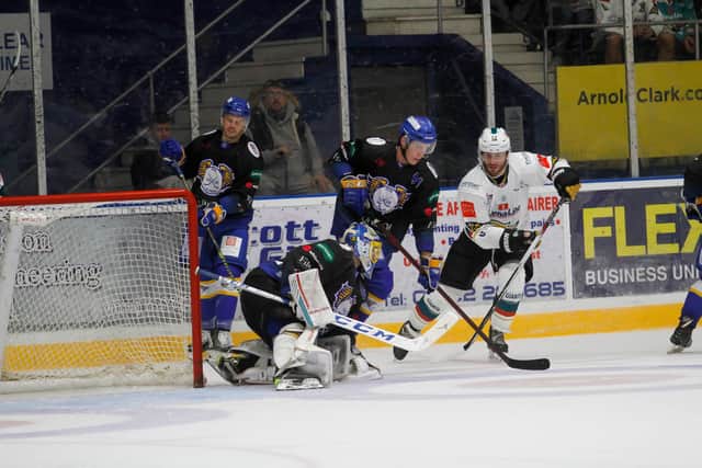 Slater Doggett in action for Belfast Giants against Fife Flyers at the Fife Ice Arena in Kirkcaldy. Doggett scored his first goal in teal, contributing to a 5-1 win over Fife Flyers at the Fife Ice Arena in Kirkcaldy - the Giants’ second away win of the weekend.. Picture credit: Fife Flyers Images/EIHL