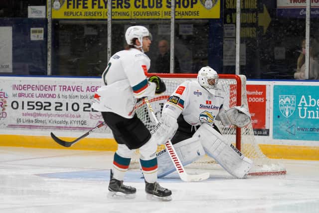 Jackson Whistle made his first start of the season in nets for the Belfast Giants during the Giants’ 5-1 win over Fife Flyers at the Fife Ice Arena in Kirkcaldy. Picture credit: Fife Flyers Images/EIHL.