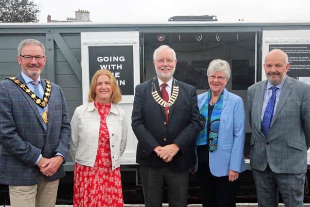 At the launch of the Guinness Grain Van 504 at Whitehead Railway Museum on Saturday September 25 are (from left) Councillor William McCaughey, Mayor of Mid & East Antrim Council; Olive Hill, board member of the National Lottery Heritage Fund; John McKegney, chairman, Railway Preservation Society of Ireland; Dr Joan Smyth, RPSI President and Mark Kennedy, curator of Whitehead Railway Museum. Pic: Joe Cassells