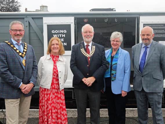 At the launch of the Guinness Grain Van 504 at Whitehead Railway Museum on Saturday September 25 are (from left) Councillor William McCaughey, Mayor of Mid & East Antrim Council; Olive Hill, board member of the National Lottery Heritage Fund; John McKegney, chairman, Railway Preservation Society of Ireland; Dr Joan Smyth, RPSI President and Mark Kennedy, curator of Whitehead Railway Museum. Pic:  Joe Cassells