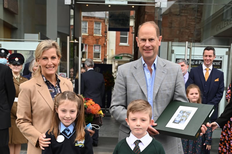 The Royal Highnesses with Jasmine Rooney Reid and Darragh Magee who presented flowers and a box of Irish Linen to our special guests.