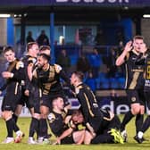 Larne celebrate Andy Mitchell's goal during last night's game at Mourneview Park.
Photo Andrew McCarroll/ Pacemaker Press