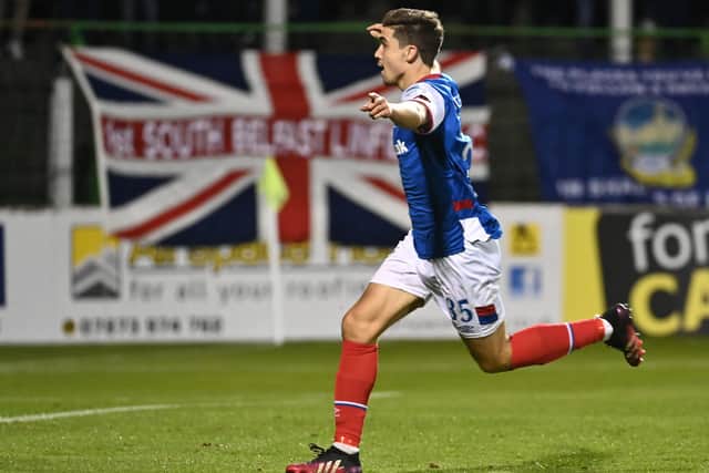 Linfield's Cameron Palmer enjoying his goal against Glentoran on Tuesday. Pic by Pacemaker.