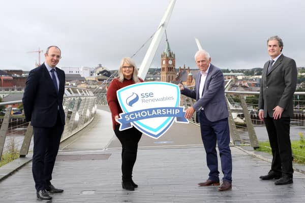 Launching the 2021 SSE Renewables Scholarship Fund: Eddie Friel, Ulster University, Michelle Donnelly, SSE Renewables, William Young, South West College, & Danny Laverty, North West Regional College