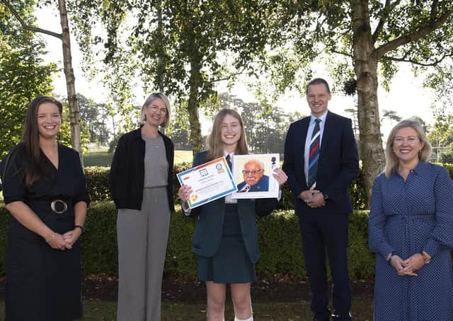 Miss E McCullough (Art Teacher), Mrs Olga Casey (Head of Art), Cadey-Lee Jess, Mr R S McLoughlin (Principal), Mrs P McKenzie (Art Teacher)