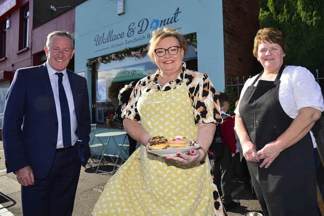 Finance Minister Conor Murphy meets Diane Bird and Jackie Heasley from Wallace and Donut, one of many small hospitality businesses which received grant support from the Department of Finance