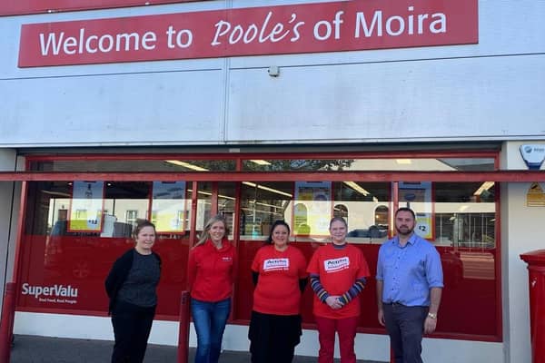 To raise money for SuperValu’s charity partner Action Cancer, staff member Linda Mitchell (second from right) loses her purple locks in a head shave fundraising activity. Linda is joined by (from left) Store Manager Maggie Fearon, Action Cancer Corporate Fundraising Manager Lucy McCusker, Meena Poole and Store Owner Jamie Poole.