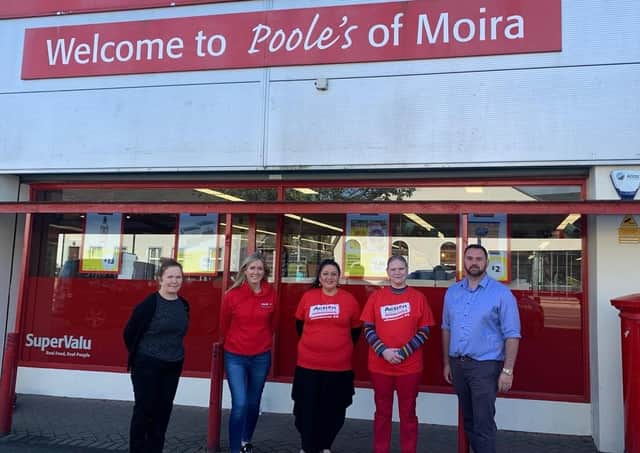 To raise money for SuperValu’s charity partner Action Cancer, staff member Linda Mitchell (second from right) loses her purple locks in a head shave fundraising activity. Linda is joined by (from left) Store Manager Maggie Fearon, Action Cancer Corporate Fundraising Manager Lucy McCusker, Meena Poole and Store Owner Jamie Poole.
