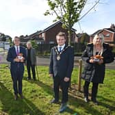 Mayor Alderman Stephen Martin was joined by First Minister Paul Givan and Chair of the NI Centenary Working Group Councillor Scott Carson. Chair of the Aghalee Village Hall Committee Lewis Trevithick was also in attendance with local residents Amanda McGrath and Eilidh Duncan