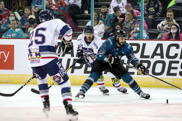 Belfast Giants' Jordan Boucher with Dundee Stars' Kyle Haas during Friday night's EIHL Challenge Cup game at the SSE Arena, Belfast. Picture: William Cherry/Presseye