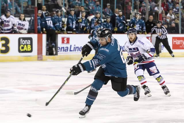 Belfast Giants' David Goodwin fires a shot during Friday night's EIHL Challenge Cup game against the Dundee Stars at the SSE Arena, Belfast. Picture: William Cherry/Presseye