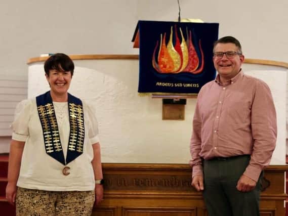 Anne Acheson, Ballyhenry Presbyterian Church, who has been installed president of the East Antrim Christian Endeavour Union by her predecessor, Gary Bissett from Magheramorne.