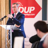 Party leader Sir Jeffrey Donaldson speaking at the East Antrim DUP's business breakfast in Magheramorne House on Friday. Photos by Kelvin Boyes / Press Eye.