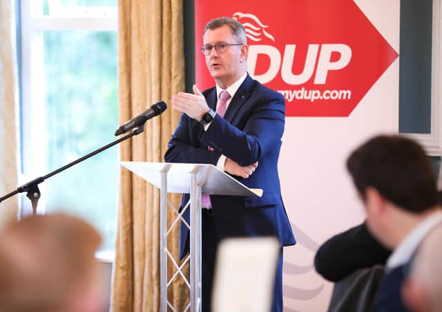 Party leader Sir Jeffrey Donaldson speaking at the East Antrim DUP's business breakfast in Magheramorne House on Friday. Photos by Kelvin Boyes / Press Eye.