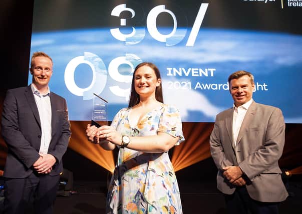 Niall Devlin, head of business banking Northern Ireland at Bank of Ireland UK (L) and Steve Orr, CEO of Catalyst (R) with INVENT 2021 winner Sian Farrell from Stim OxyGen