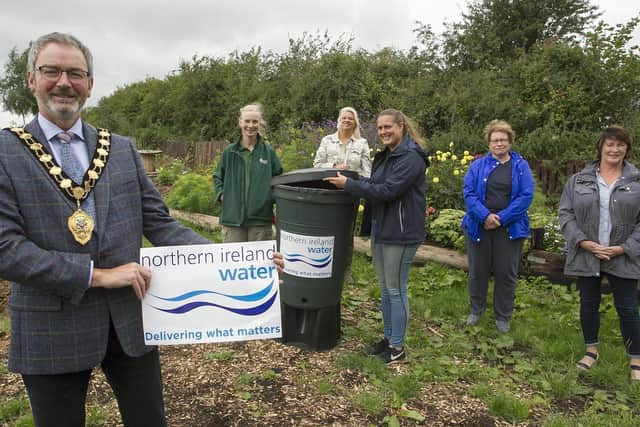 Mayor Cllr William McGaughey welcomes the donation of waterbutts from NI Water. Included are Anna Killen, NI Water Outreach & Learning Officer, Marlene Gattineau, Assistant Growing Communities Officer, Suzy Orr and Anne Magill, Cithrah Foundation