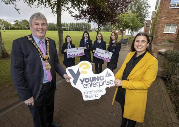 Pictured at the launch of the 'Digital Youth’ technology programme for post-primary school pupils at Limavady Grammar School is Mayor of Causeway Coast and Glens Borough Council, Councillor Richard Holmes, Bronagh McCauley, Development Manager, Young Enterprise NI and school pupils