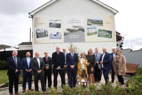 Attending the launch of the community garden are the family of Freeman of Lisburn the late Ivan Davis OBE, First Minister Paul Givan, Chair NI Housing Executive Professor Peter Roberts, and Des Marley NIHE, Chair Resurgam Trust Philip Dean, Trust Director Adrian Bird,  Deputy Mayor Tim Mitchell and local elected councillors Jenny Palmer UUP, Alan Givan DUP,  Paul Porter, DUP,  David Honeyford APNI