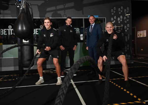 Pictured, front row, left to right, Belfast Giants netminder, Jackson Whistle and defenceman, Kevin Raine. Back row, left to right, Adam Keefe, head coach, Belfast Giants and Gareth Kirk, regional director, GLL at Better Gym Belfast. The Stena Line Belfast Giants have teamed up with Better as their official gym partner for the 2021/22 season. Better facilities are run by GLL, a not-for-profit charitable social enterprise committed to helping improve the health, wellbeing, and happiness of the whole community. Stephen Hamilton/Press Eye