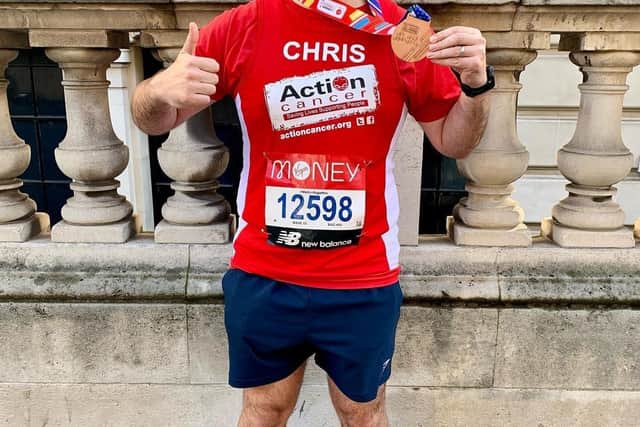 Delighted County Antrim Harrier Chris Dickey celebrates his London Marathon PB
