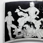The Death of Herakles by John Kindness, a depiction of a bonfire scene using Greek mythology painting on a car bonnet