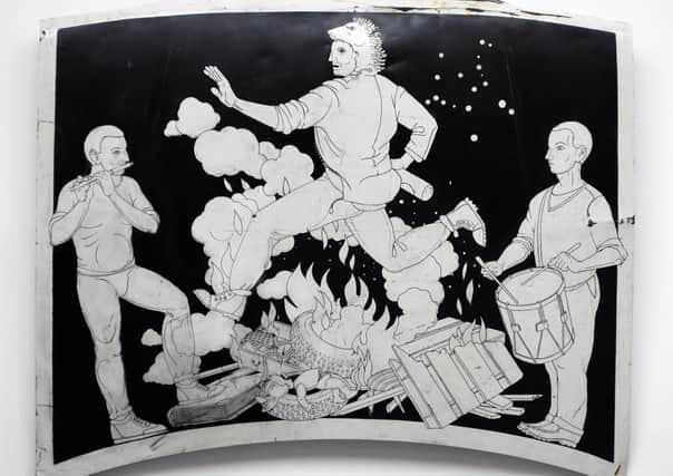 The Death of Herakles by John Kindness, a depiction of a bonfire scene using Greek mythology painting on a car bonnet