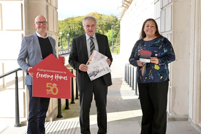 Pictured alongside MLA Maurice Bradley are Simon Community Chief Executive Jim Dennison, and Director of Homelessness Services for Simon Community Kirsten Hewitt.