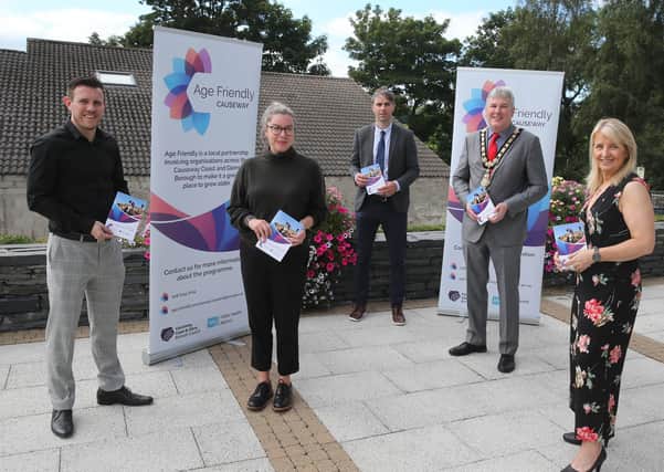 Pictured at the launch of Causeway Coast and Glens Borough Council’s new Age Friendly Charter are Wendy McCullough, Head of Sport and Wellbeing, Mayor of Causeway Coast and Glens Borough Council Councillor Richard Holmes, Age Friendly Co-ordinator Liam Hinphey, Public Health Agency Senior Officer for Health and Wellbeing Tracey Colgan, and Sports Development Manager Jonathan McFadden