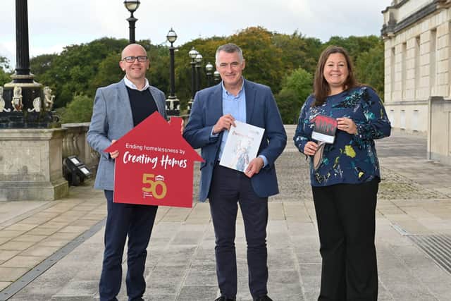 Jim Dennison (Simon Community Chief Executive) with Declan Kearney MLA and  Kirsten Hewitt (Director of Homelessness Services for Simon Community).