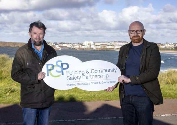 The Chairperson of Causeway Coast and Glens Policing and Community Safety Partnership Councillor Darryl Wilson (right) pictured with George Duddy, AIMS Project Manager