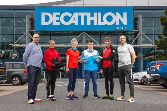 Ice Skater, Adam Rajab and runner, Heather Patterson are presented with the Sports Personality of the Month Award from Sport Lisburn & Castlereagh Treasurer, Adrian Daye; Matthew Ferguson, Decathlon Communication Manager and Lisburn & Castlereagh City Council Sports Development Officer, Faron Morrison.