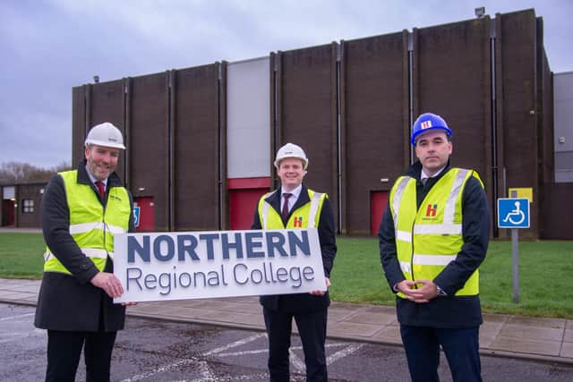 L-R: Ken Nelson, Chair of Northern Regional College’s Governing Body; Economy Minister Gordon Lyons; Damien O’Callaghan, Heron Bros Managing Director.
